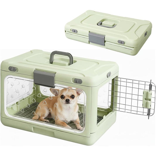 Velupet Zoom Foldable Transparent Pet Carrier Hard Plastic Collapsible Cat Crate Dog Kennel With Urine Mesh Grid For Small Dogs Green 20 Inches