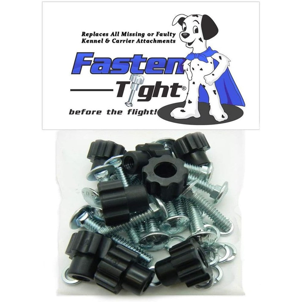 Fasten Tight Pet Carrier Kennel Fasteners Universal Replacement Kit With Eight Black Nylon Thumb Nuts And Twenty Four Metal Bolt Screws