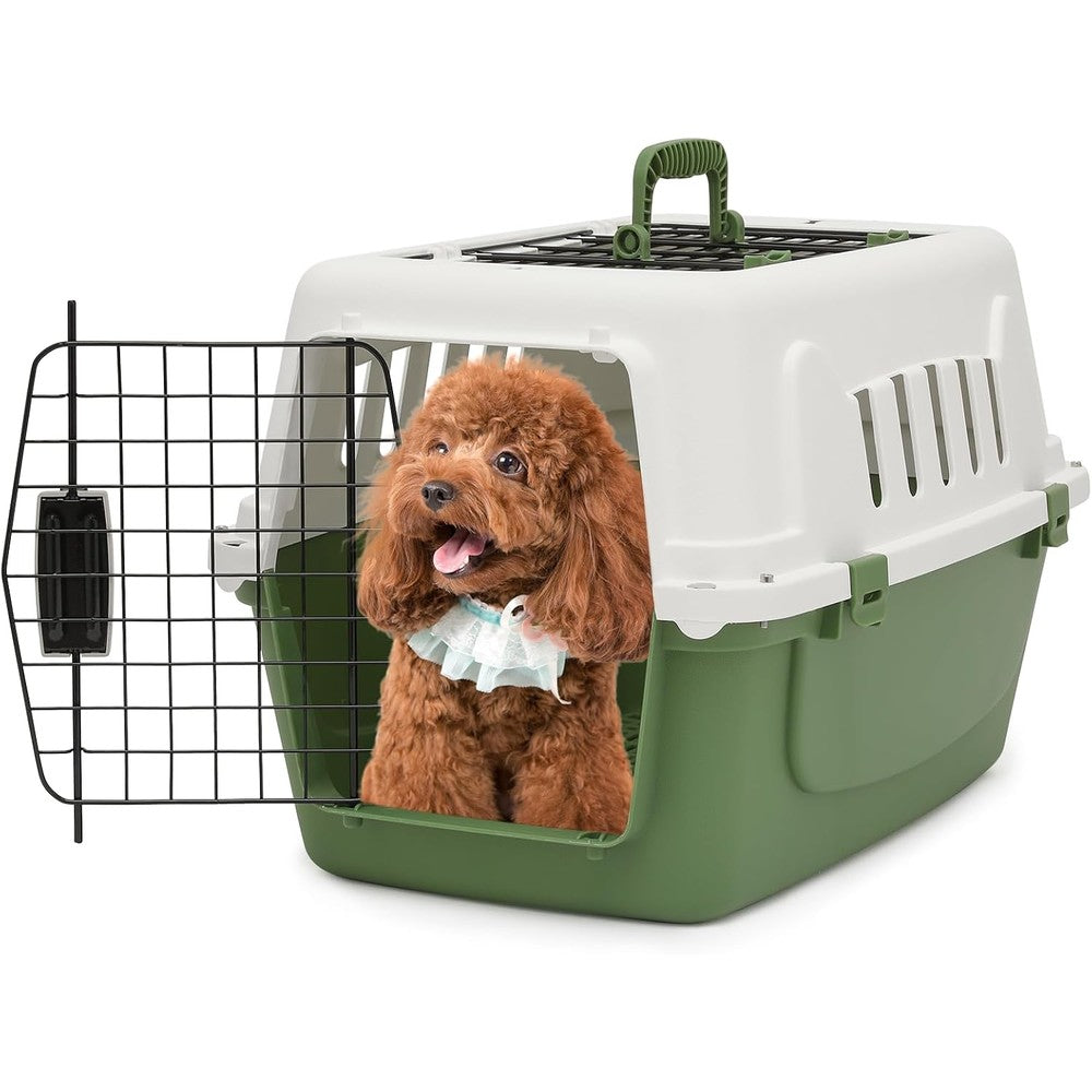 MoNiBloom 22-Inch Plastic Two-Door Top Loading Pet Carrier Hard-Sided Travel Dog Crate For Small Dogs And Cats Up To 22 Pounds Green
