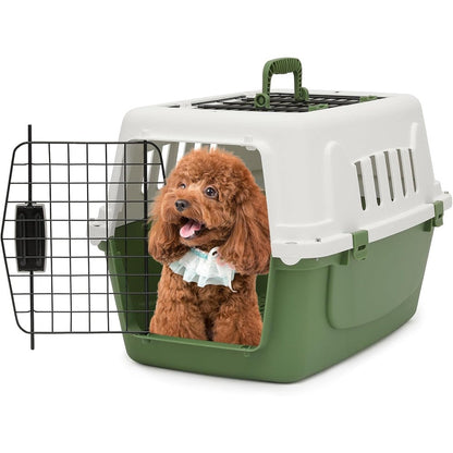 MoNiBloom 22-Inch Plastic Two-Door Top Loading Pet Carrier Hard-Sided Travel Dog Crate For Small Dogs And Cats Up To 22 Pounds Green