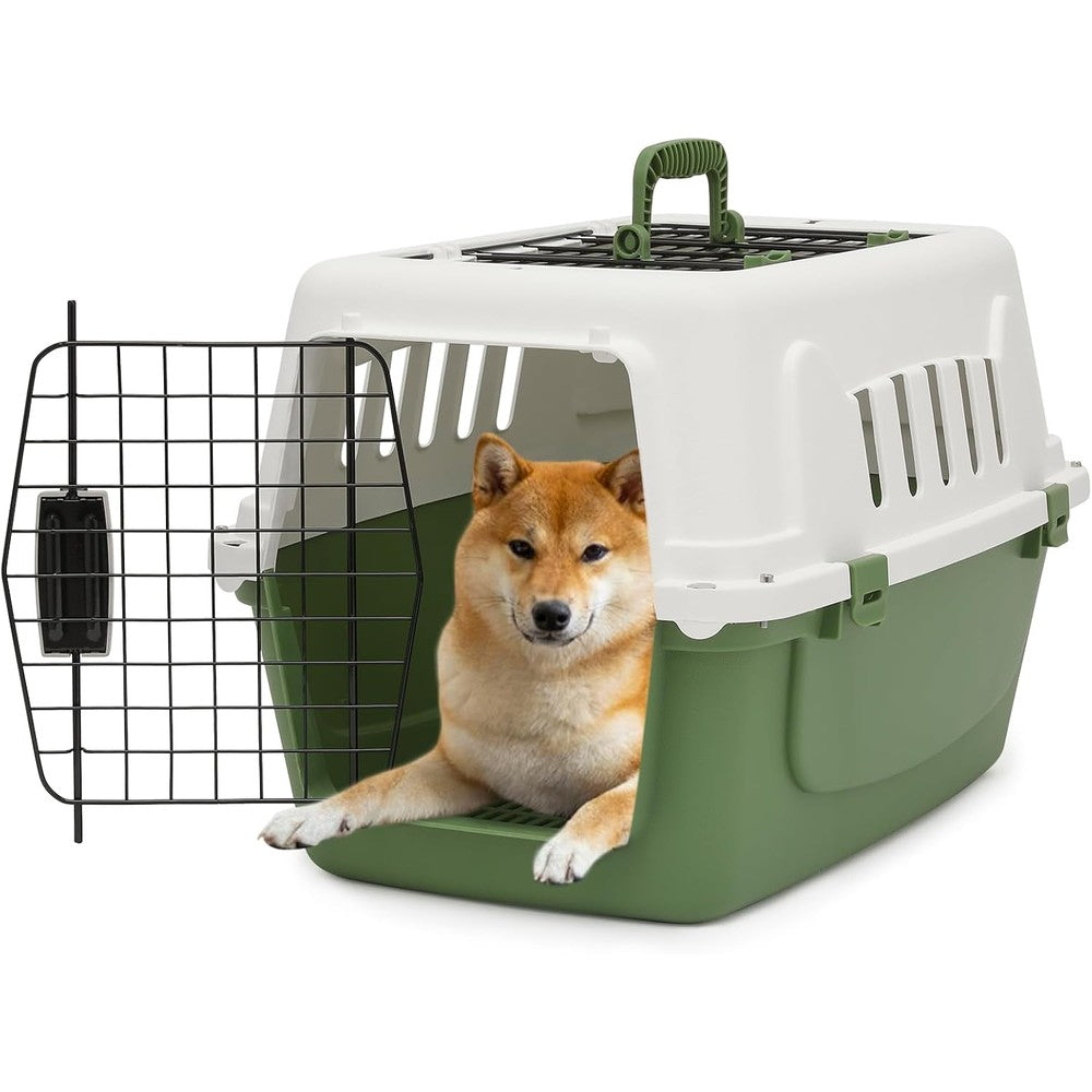 Athena Collection 22 Inch Hard Sided Travel Pet Carrier for Small Dogs and Cats 2 Door Plastic Dog Crate with Top and Front Load Green