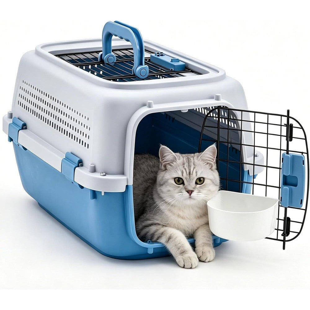 NEWBULIG 23 Inch Hard Sided Pet Carrier Plastic Cat And Dog Travel Crate With Four Sided Ventilation Top And Front Door Access Blue