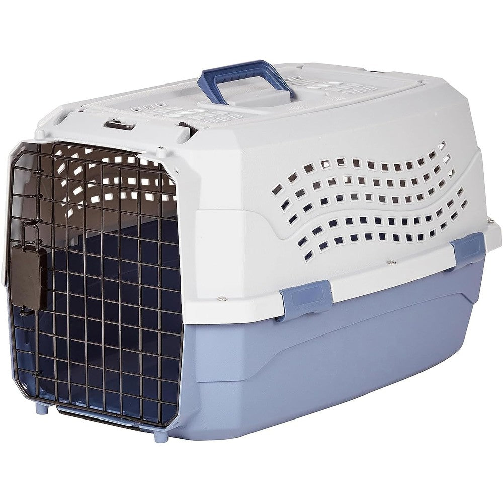 Amazon Basics Two Door Top Load Pet Kennel Hard Sided Portable Airline Pet Carrier For Small Dogs and Cats 23 Inch Gray And Blue