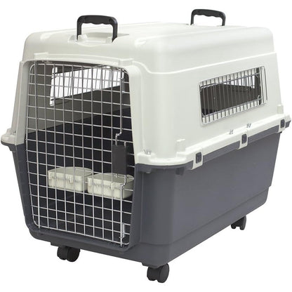 Sport Pet Designs Airline Compliant Large Thirty One Point Five Inch Travel Dog Kennel With Removable Wheels And Food Bowls In Cream And Gray