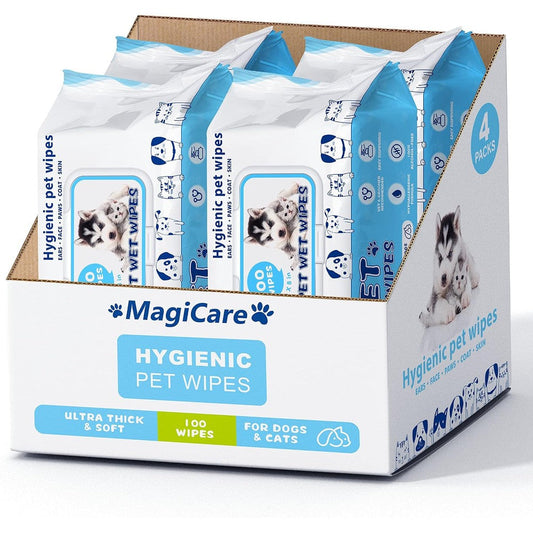 Magicare Pet Wipes 400 Count Unscented Dog And Cat Grooming Wipes Eight By Eight Inch Extra Thick Hypoallergenic Cleaning Wipes For Paws Ears Face
