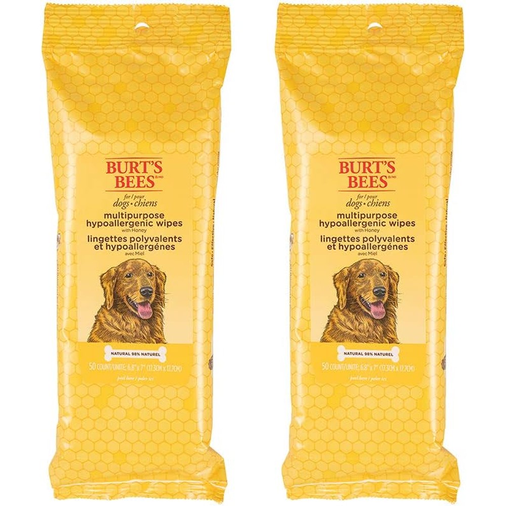 Burt's Bees For Pets Natural Multipurpose Dog Grooming Wipes With Honey For Paws Face And Butt Hypoallergenic Gentle Formula Fifty Count Two Pack