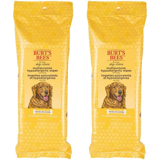 Burt's Bees For Pets Natural Multipurpose Dog Grooming Wipes With Honey For Paws Face And Butt Hypoallergenic Gentle Formula Fifty Count Two Pack