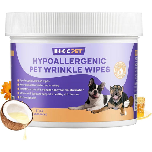 HICC PET Hypoallergenic Pet Wrinkle Wipes For Dogs And Cats Vet Recommended Skin Fold Cleaning And Deodorizing Tear Stain Remover 100 Count