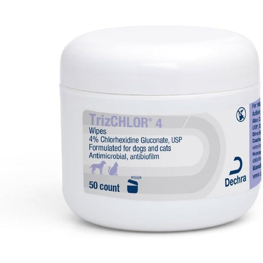 Dechra TrizCHLOR 4 Antimicrobial And Antibiofilm Medicated Wipes For Dogs And Cats Skin Infection And Coat Protection Treatment 50 Count Pack