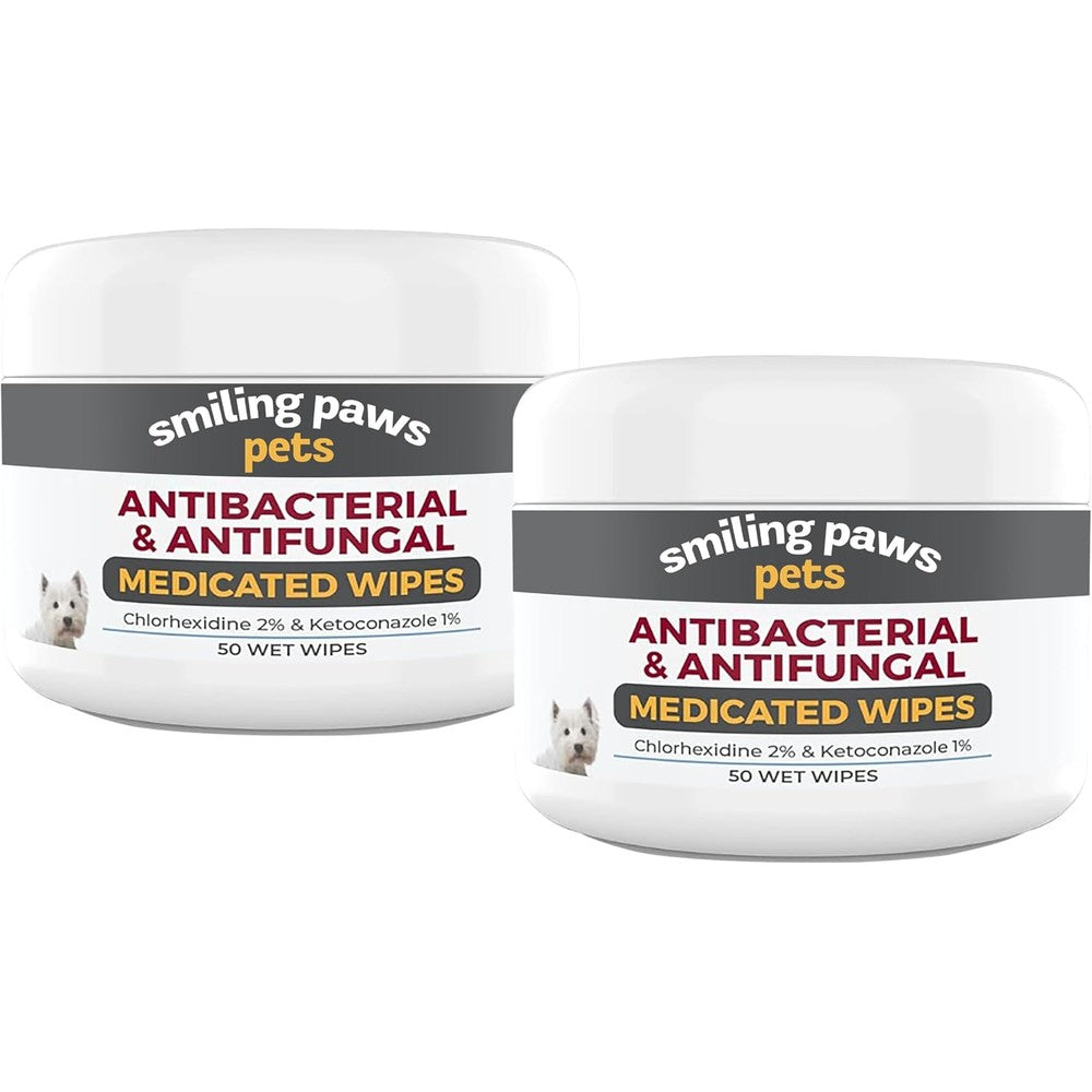 Smiling Paws Pets Antibacterial And Antifungal Medicated Wipes For Dogs And Cats With Chlorhexidine And Ketoconazole Fifty Count Two Pack