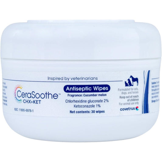 Covetrus CeraSoothe CHX+KET Antiseptic Wipes For Dogs Cats And Horses With Chlorhexidine 2 Percent And Ketoconazole 1 Percent 30 Count