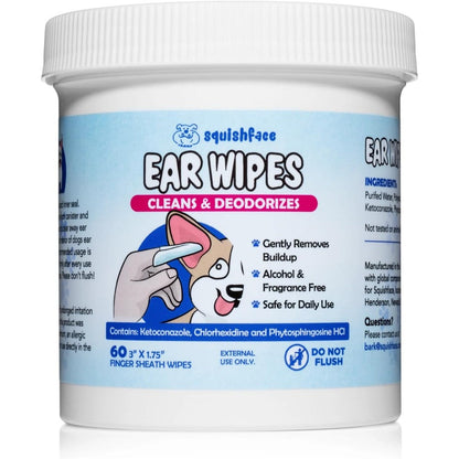 Squishface Ear Wipes Finger Sheath Dog And Cat Ear Cleaner Wipes For Itchiness And Odor Control Alcohol Free Pet Grooming Wipes 60 Count