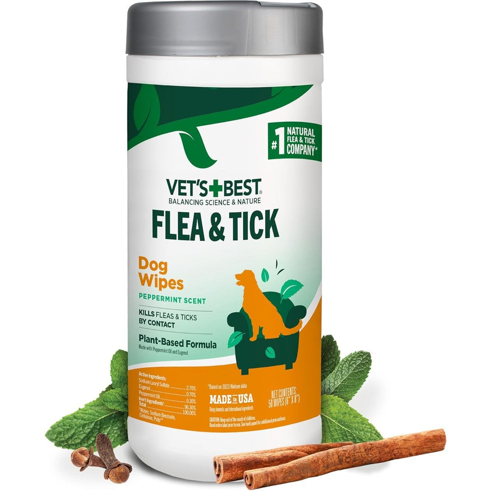 Vet's Best Natural Flea And Tick Wipes For Dogs And Cats, Plant Based Pest Control, 50 Count