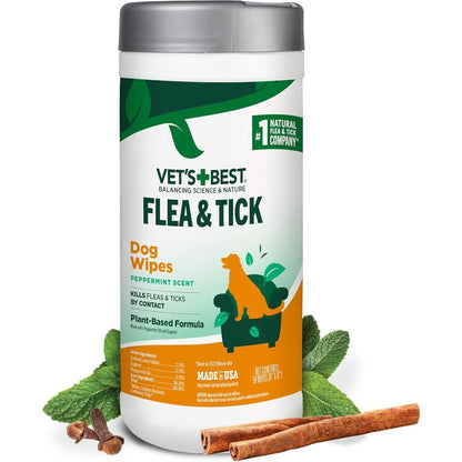 Vet's Best Natural Flea And Tick Wipes For Dogs And Cats, Plant Based Pest Control, 50 Count