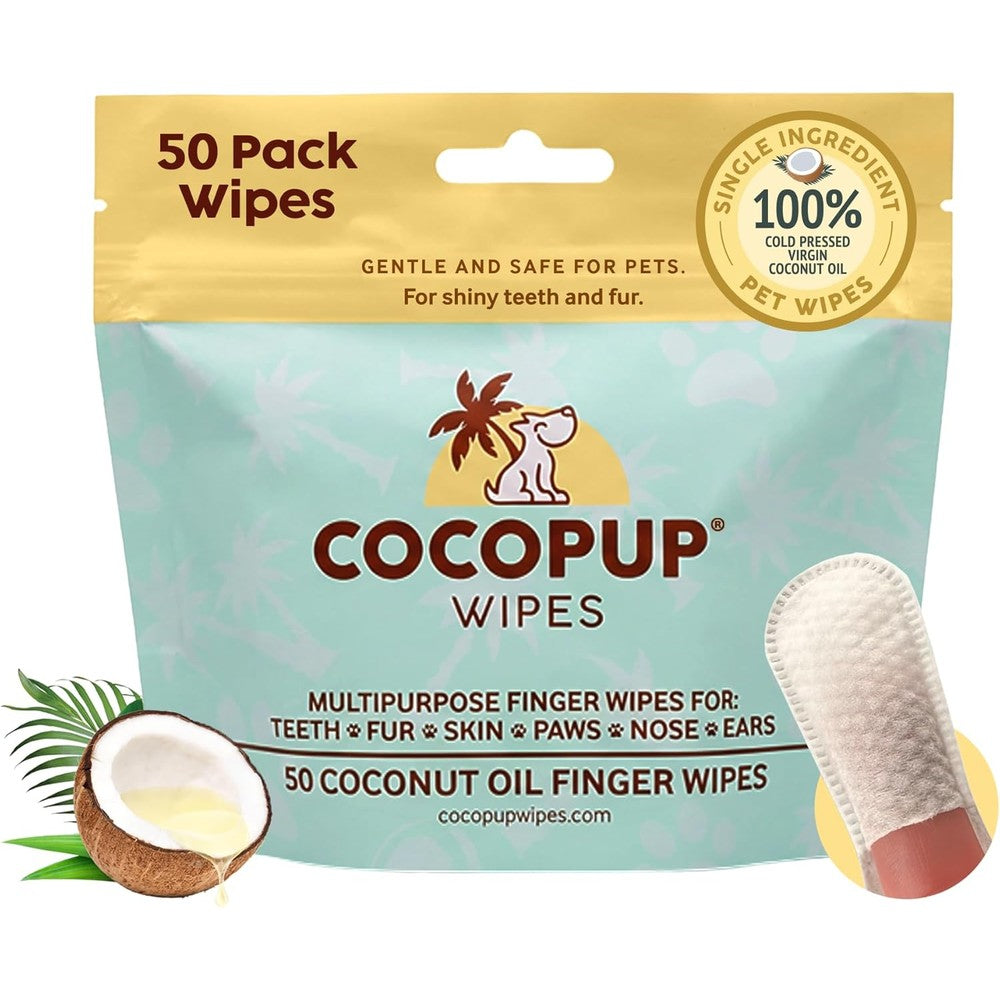 Cocopup Dog Teeth Cleaning Finger Wipes With One Hundred Percent Virgin Coconut Oil For Dental Care And Pet Grooming, Fifty Count Pack