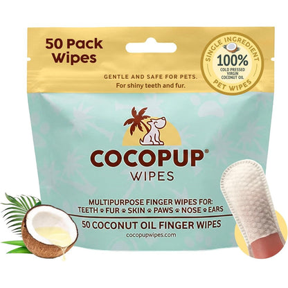 Cocopup Dog Teeth Cleaning Finger Wipes With One Hundred Percent Virgin Coconut Oil For Dental Care And Pet Grooming, Fifty Count Pack