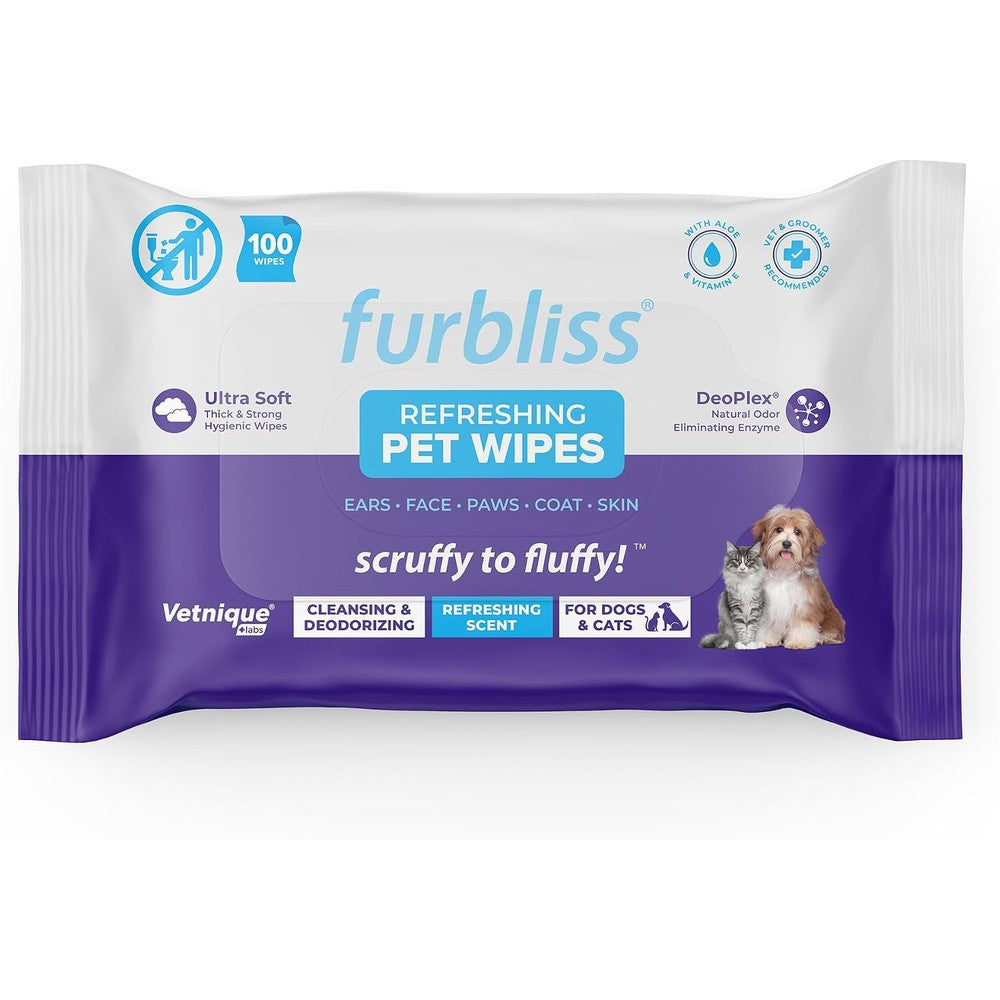 Vetnique Furbliss Hygienic Pet Wipes For Dogs And Cats Cleansing Grooming And Deodorizing Hypoallergenic Thick Wipes Refreshing Scent 100 Count
