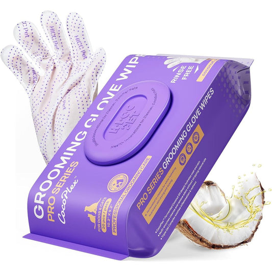 HICC PET Glove Wipes Pro Pet Cleaning Gloves For Dogs And Cats Hypoallergenic No Rinse Grooming Mittens Coconut Scent 20 Pieces
