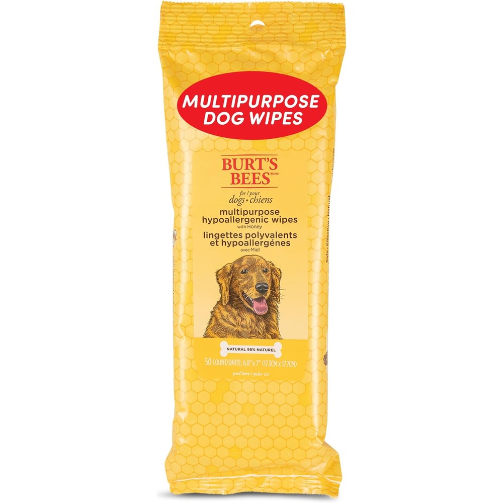 Burt's Bees For Pets Honey Multipurpose Dog Grooming Wipes, Gentle Hypoallergenic Spot Cleaning Sheets For Paws And Face, 50 Count