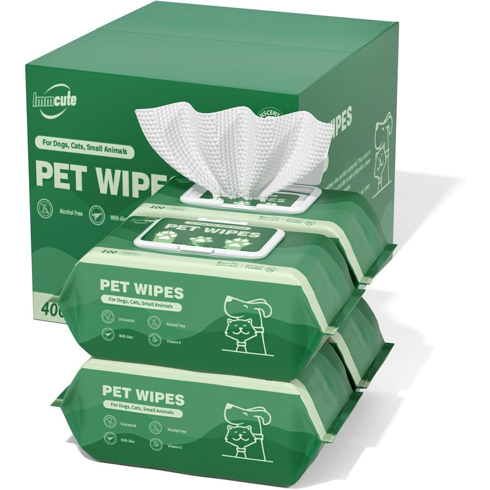 Immcute Unscented Pet Wipes For Dogs And Cats Large Thick Hypoallergenic Cleaning Wipes For Paws Face And Body Grooming Pack 400 Count
