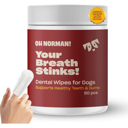 OH NORMAN! Your Breath Stinks Dog Dental Wipes Vet Approved Finger Wipes For Oral Hygiene And Fresh Breath 50 Count