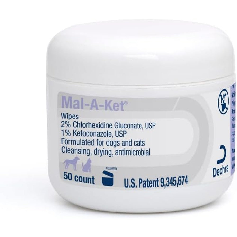Dechra Mal-A-Ket Antiseptic Medicated Wipes For Dogs And Cats 2.25 Inch Round Antifungal Antibacterial Skin Treatment 50 Count Jar