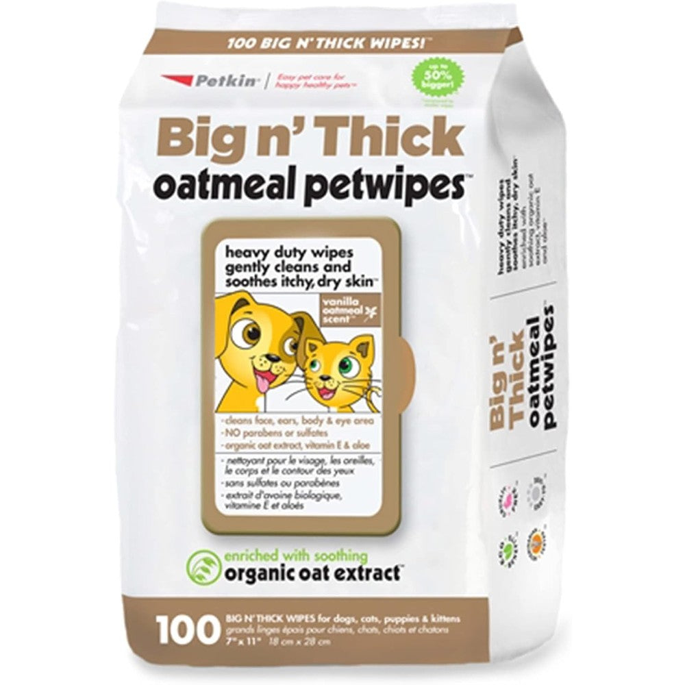 Petkin Big And Thick Oatmeal Pet Wipes For Dogs And Cats Large Heavy Duty Grooming Cloths For Sensitive Skin Daily Cleaning One Hundred Wipes