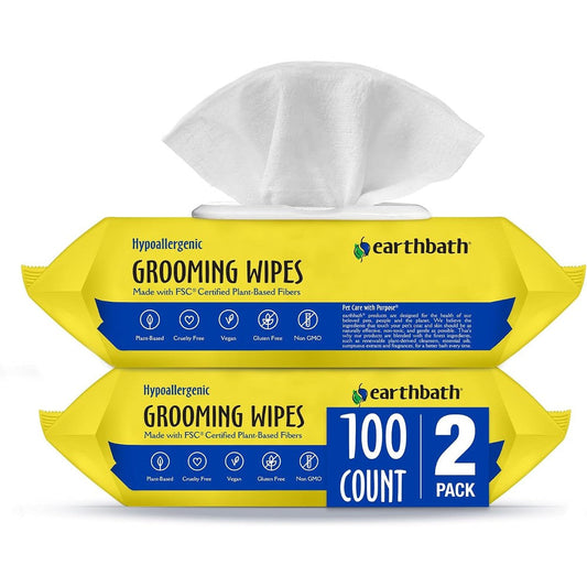 Earthbath Hypoallergenic Grooming Wipes Fragrance Free For Dogs And Cats With Sensitive Skin Made In USA 100 Count Pack Of 2