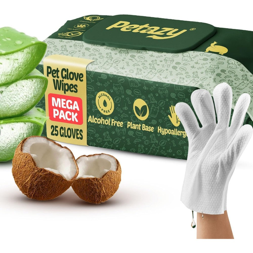 Petazy Pet Glove Wipes For Dogs And Cats Hypoallergenic Grooming Gloves With Aloe Vera And Coconut Oil 25 Count