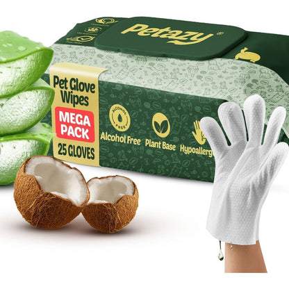 Petazy Pet Glove Wipes For Dogs And Cats Hypoallergenic Grooming Gloves With Aloe Vera And Coconut Oil 25 Count