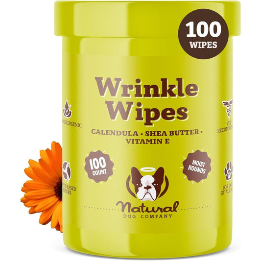 Natural Dog Company Wrinkle Wipes For Dogs Hypoallergenic Skin Fold Cleaning And Deodorizing Face And Paw Grooming Wipes 100 Count