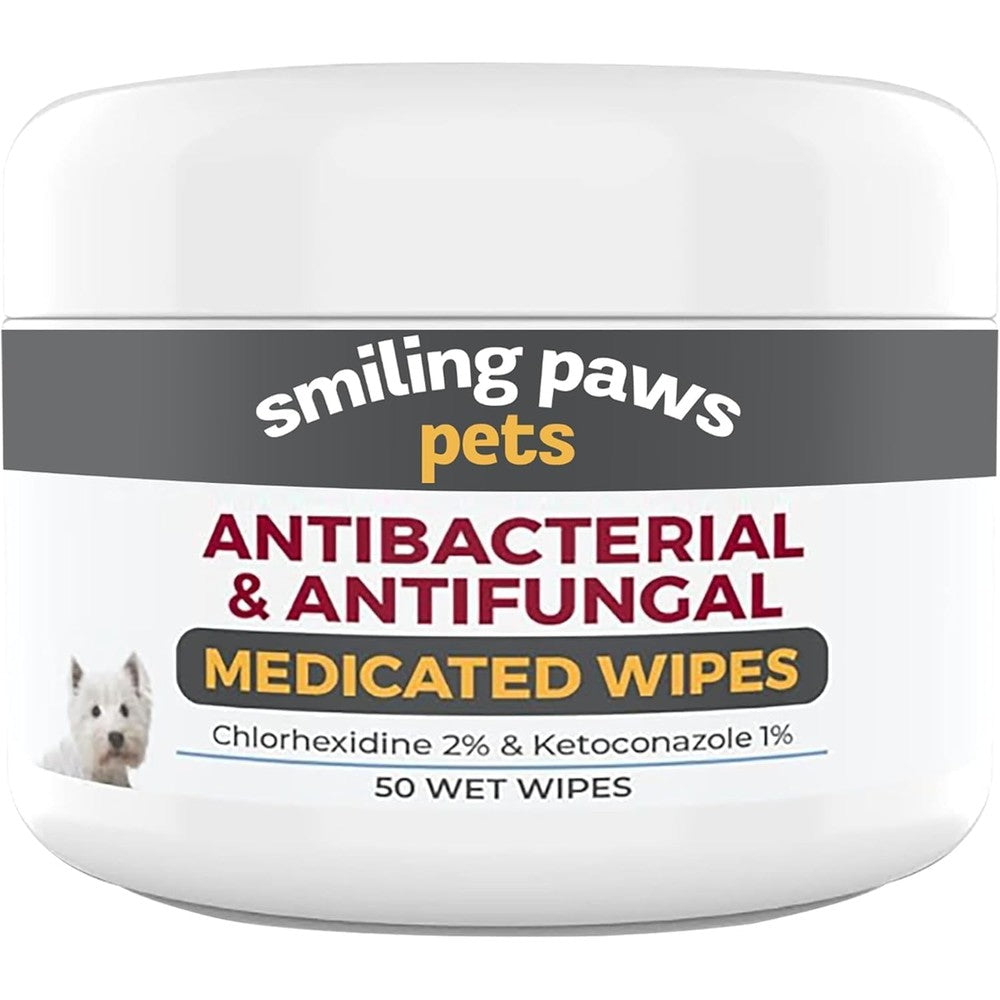 Smiling Paws Pets Antibacterial And Antifungal Medicated Wipes For Dogs And Cats With Chlorhexidine And Ketoconazole Skin Treatment 50 Wipes