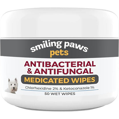 Smiling Paws Pets Antibacterial And Antifungal Medicated Wipes For Dogs And Cats With Chlorhexidine And Ketoconazole Skin Treatment 50 Wipes