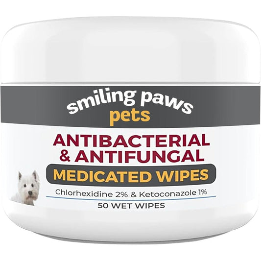 Smiling Paws Pets Antibacterial And Antifungal Medicated Wipes For Dogs And Cats With Chlorhexidine And Ketoconazole Skin Treatment 50 Wipes