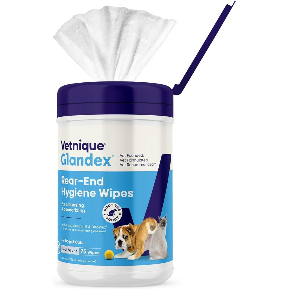 Vetnique Glandex Rear End Wipes For Dogs And Cats Anal Gland Hygiene And Deodorizing Pet Wipes With DeoPlex Enzyme Aloe And Vitamin E 75 Count