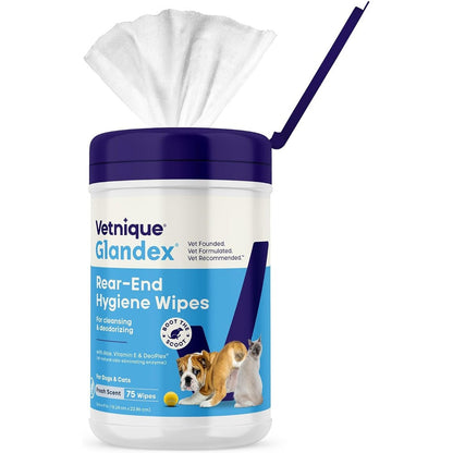 Vetnique Glandex Rear End Wipes For Dogs And Cats Anal Gland Hygiene And Deodorizing Pet Wipes With DeoPlex Enzyme Aloe And Vitamin E 75 Count