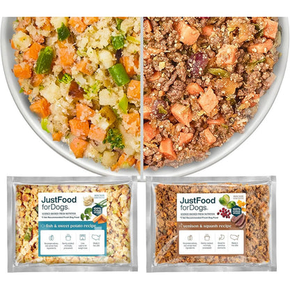 JustFoodForDogs Frozen Fresh Healthy Weight Dog Food Variety Pack Fish And Sweet Potato And Venison And Squash Human Grade Recipes 18 Ounce Pack Of 7