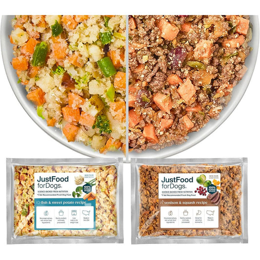 JustFoodForDogs Frozen Fresh Healthy Weight Dog Food Variety Pack Fish And Sweet Potato And Venison And Squash Human Grade Recipes 18 Ounce Pack Of 7