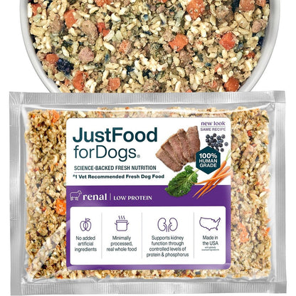 JustFoodForDogs Vet RX Frozen Fresh Prescription Dog Food Human Grade Limited Ingredient Renal Support Low Protein Eighteen Ounce Seven Pack