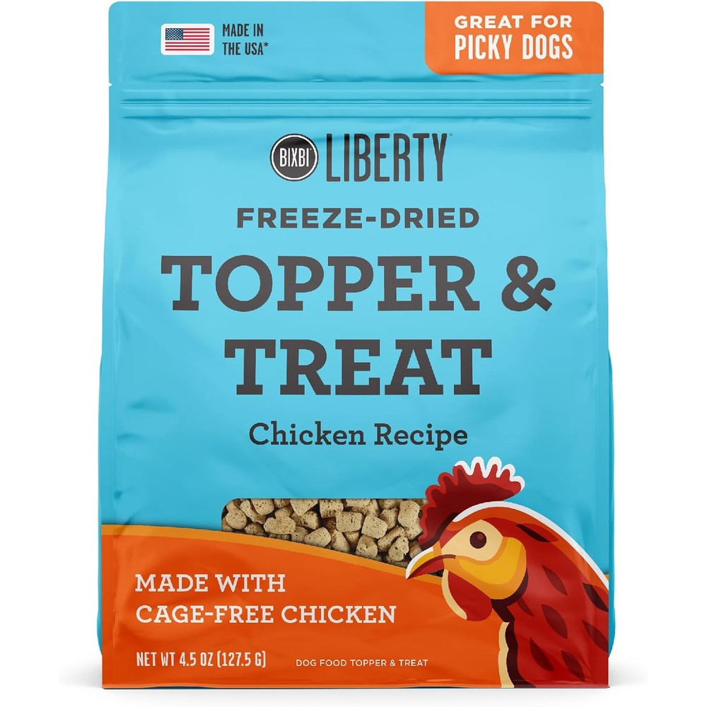 BIXBI Liberty Freeze Dried Dog Food Topper And Dog Treat Chicken Recipe 98 Percent Meat And Organs Pantry Friendly Raw Treat Four Point Five Ounce