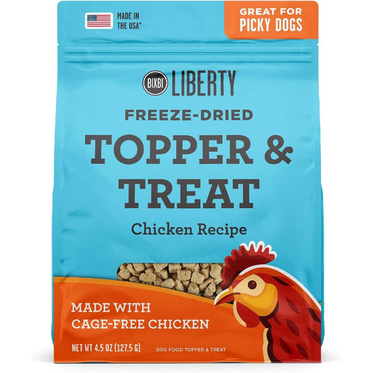 BIXBI Liberty Freeze Dried Dog Food Topper And Dog Treat Chicken Recipe 98 Percent Meat And Organs Pantry Friendly Raw Treat Four Point Five Ounce