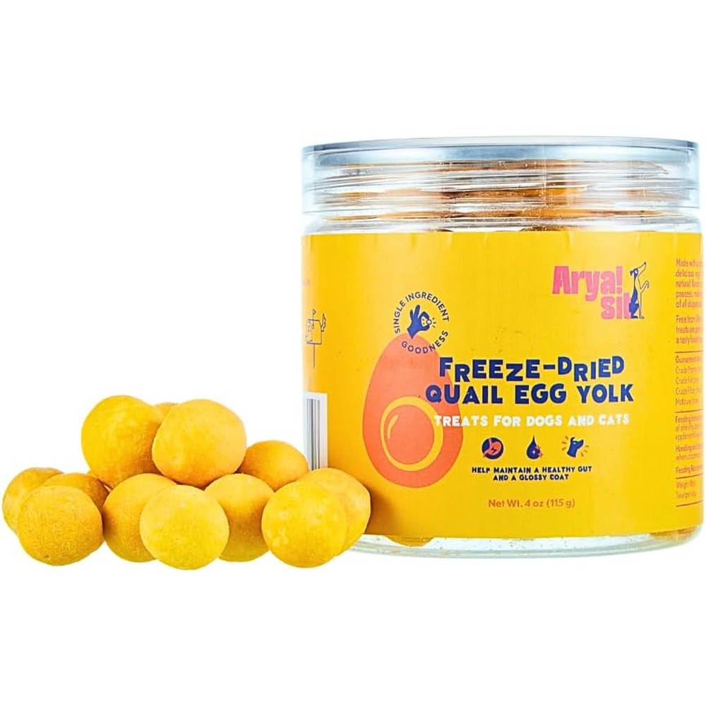 Arya Sit! Freeze Dried Single Ingredient Quail Egg Yolk Dog And Cat Treats For Healthy Coat And Skin Four Ounces