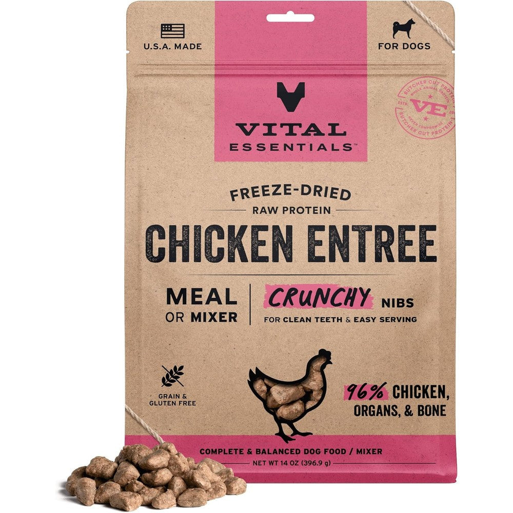 Vital Essentials Freeze Dried Raw Dog Food Chicken Crunchy Nibs Complete Meal And Topper Grain Free Fourteen Ounce Bag
