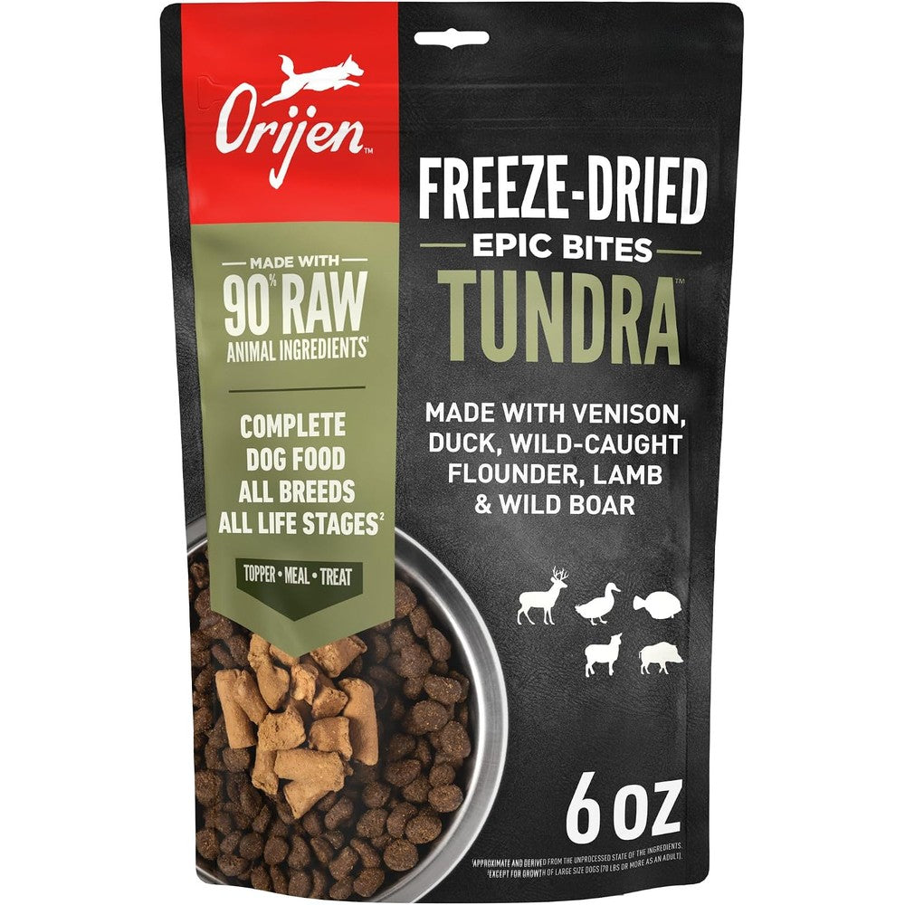 Orijen Epic Bites Freeze Dried Dry Dog Food Tundra Recipe Grain Free High Protein WholePrey Raw Animal Ingredients Six Ounce Bag