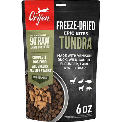 Orijen Epic Bites Freeze Dried Dry Dog Food Tundra Recipe Grain Free High Protein WholePrey Raw Animal Ingredients Six Ounce Bag