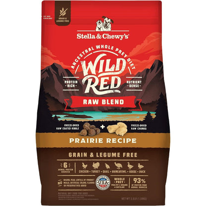 Stella & Chewy's Wild Red Raw Blend Prairie Recipe Dry Dog Food Premium Freeze Dried Raw Coated Grain Free Six Poultry Sources 3.5 Pound Bag