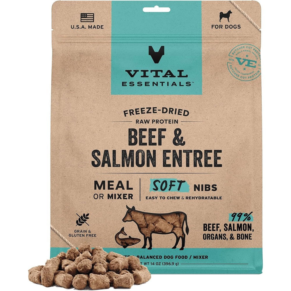 Vital Essentials Freeze Dried Dog Food Raw Beef And Salmon Soft Nibs Complete Meal Or Topper 14 Ounce Bag