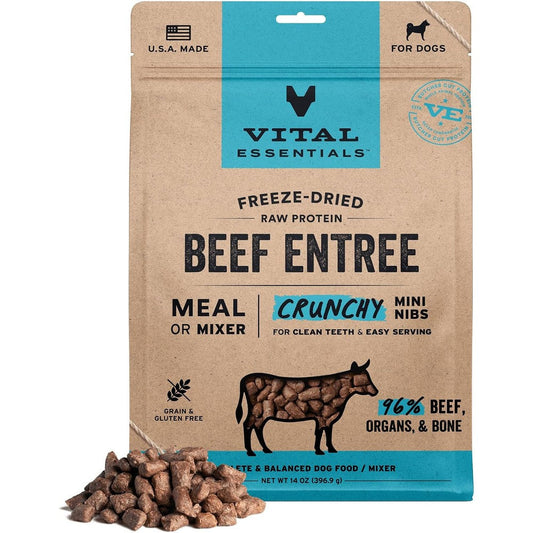 Vital Essentials Freeze Dried Raw Beef Crunchy Mini Nibs Grain Free Dry Dog Food and Topper 14 Ounce Bag