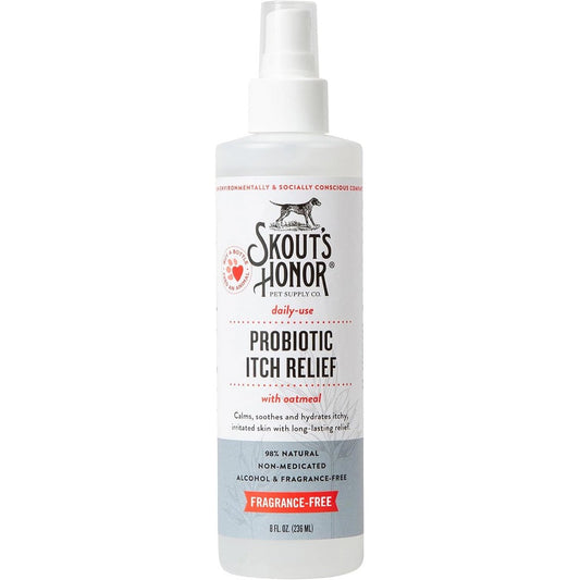 Skout's Honor Probiotic Itch Relief Spray For Dogs And Cats Fragrance Free Non Medicated Daily Skin Microbiome Support Eight Ounce