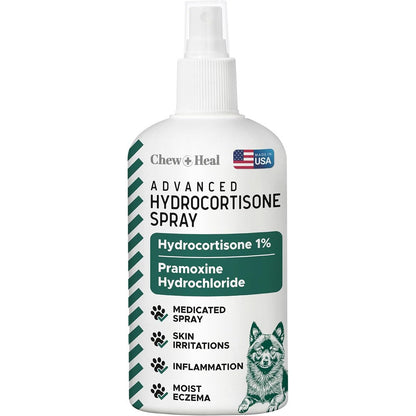 Chew + Heal Labs Advanced Hydrocortisone Spray For Dogs Hot Spot Treatment And Itch Relief With Pramoxine Four Ounce